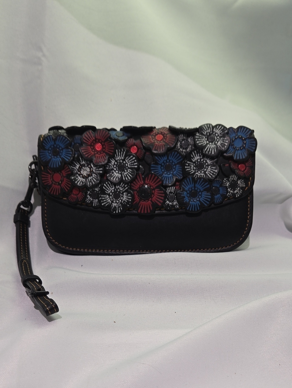 Floral Appliqué Black Leather Wristlet - Blue, Red & White Accents